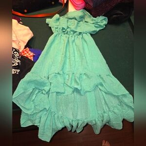 High-low teal strapless dress